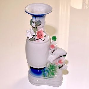 Vintage Sculptural Porcelain Vase w/ Applied Lillies & Birds From Japan